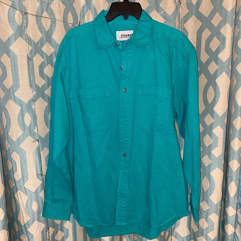 Vintage Mens Sz M Green Teal Jean Button Down by Exchange 80s